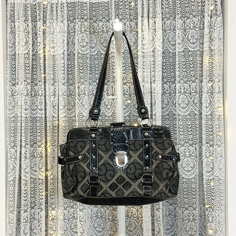Y2K Black Monogram Shoulder Bag with Buckles & Patent Trim